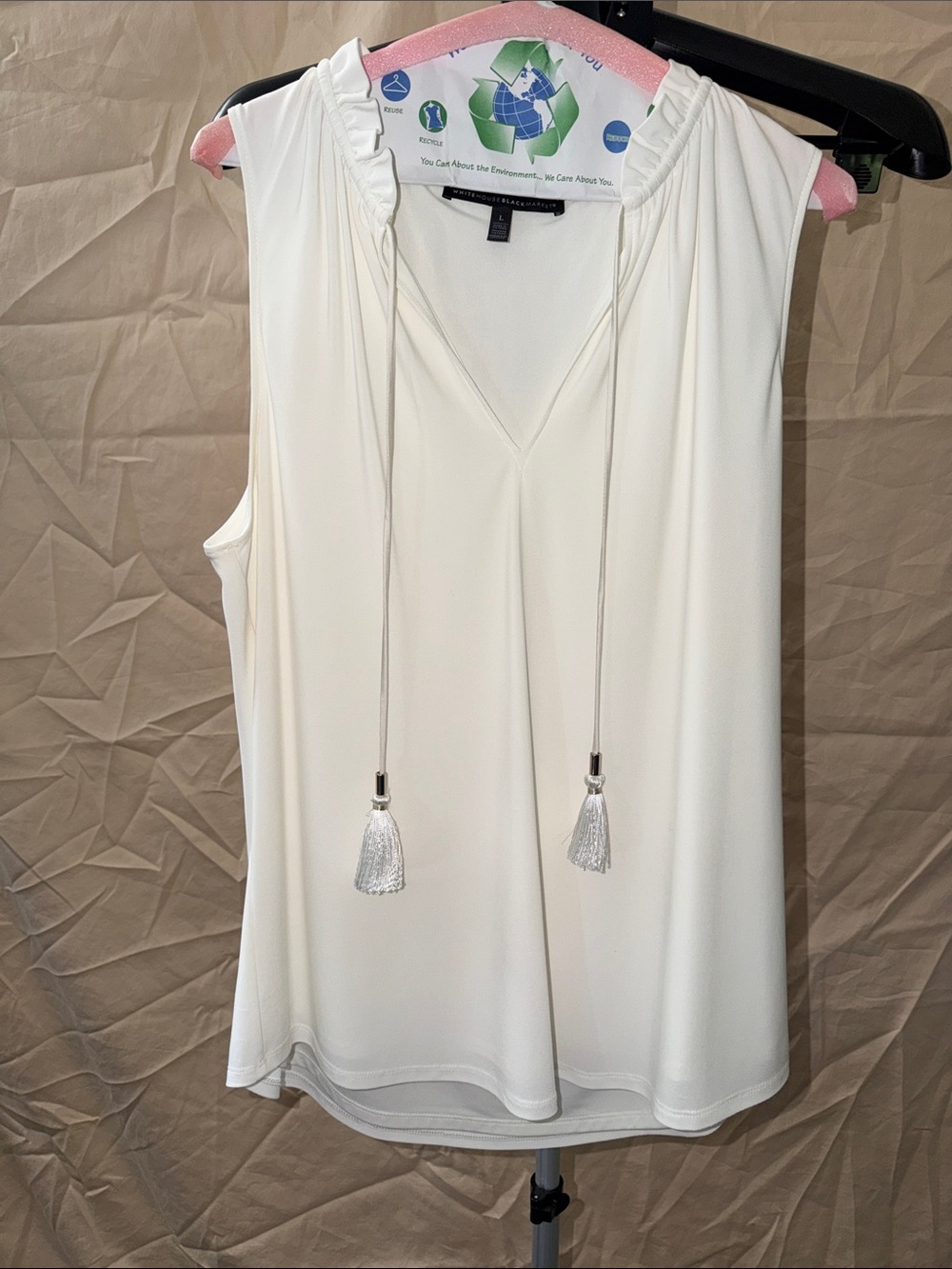 White House Black Market Ivory Tassel V-Neck Sleeveless Tank